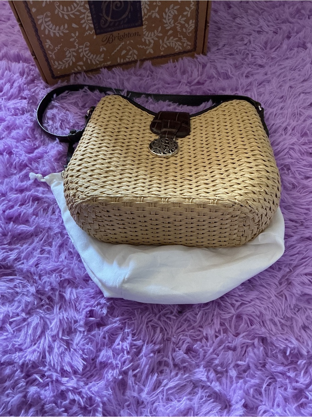 Brighton Natural Woven Shoulder Bag with Brown Trim - Picture 4 of 15
